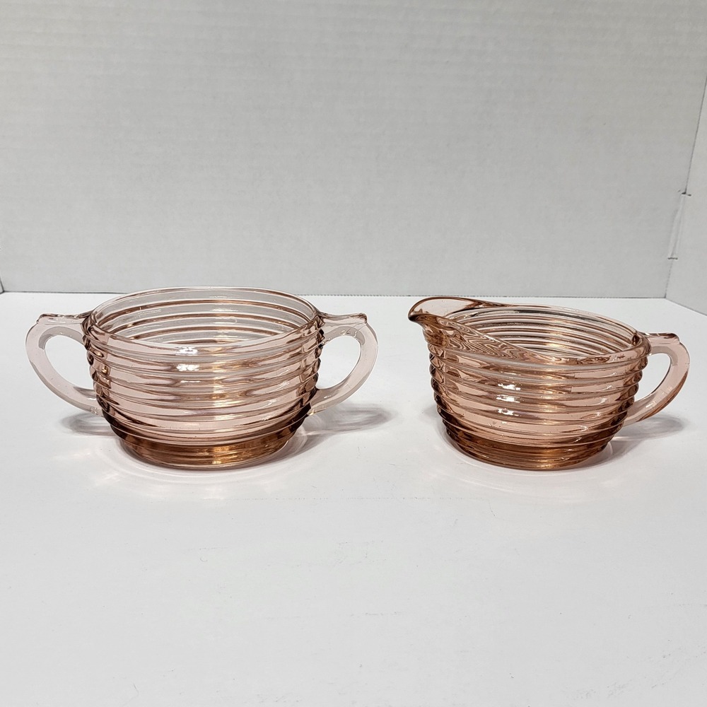 Vintage‎ Anchor Hocking Manhattan Pink Depression Glass Creamer and Sugar Set